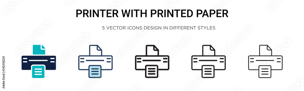 Poster printer with printed paper icon in filled, thin line, outline and stroke style. vector illustration 