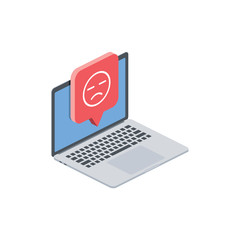 Laptop chat bubble negative feedback message. Vector 3d isometric, color web icon, new flat style. Creative illustration design, isolated graphic idea for infographics.