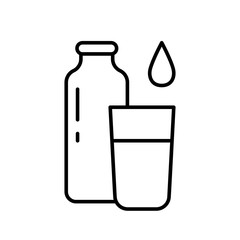 Bottle, glass, drop. Linear icon of water, milk, cocktail. Black illustration of pour liquid into container. Contour isolated vector emblem on white background. Drink more water concept