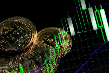 Double exposure rows of coins with financial graph and column diagram, Finance and investment...