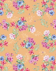 Illustration with seamless pattern floral design. Beautiful seamless pattern on colored background with tropical flowers and plants. Composition with flowers and leaves. Stylish print for textile.