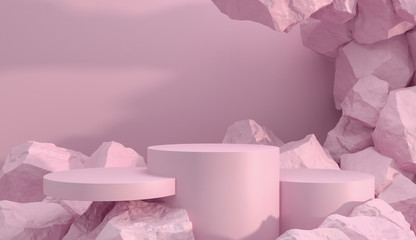 Stone and Rock shape 3d render illustration. Round podium, pedestal for brand product exhibition. Solid pastel pink color. Mockup template for ads design. 