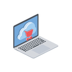 Laptop cloud market basket. Vector 3d isometric, color web icon, new flat style. Creative illustration design, isolated graphic idea for infographics.