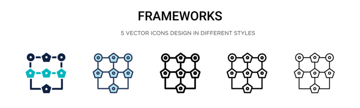 Frameworks icon in filled, thin line, outline and stroke style. Vector illustration of two colored and black frameworks vector icons designs can be used for mobile, ui, web
