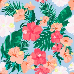 Tuinposter Exotic flowers in abstract style on blue background. Retro seamless pattern for fabric design. Hawaiian style. © Oceanoart