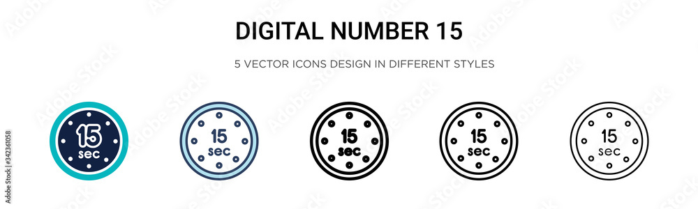 Poster digital number 15 icon in filled, thin line, outline and stroke style. vector illustration of two co