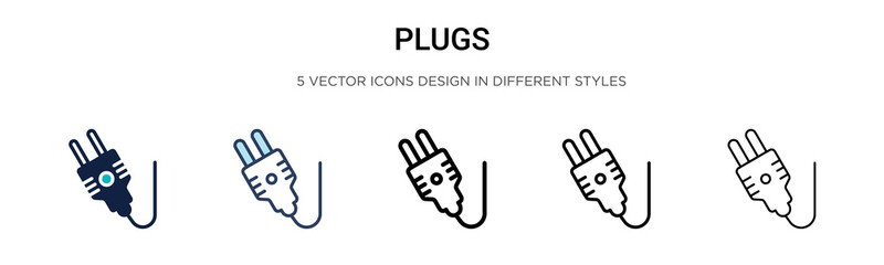 Obraz premium Plugs icon in filled, thin line, outline and stroke style. Vector illustration of two colored and black plugs vector icons designs can be used for mobile, ui, web