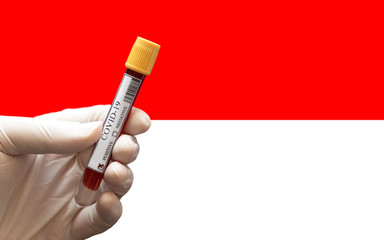 COVID-19 Pandemic Coronavirus concept ; Close-up of a Positive COVID-19 blood test sample tube with Flag of Indonesia at background. Blood testing for diagnosis new Corona virus infection.