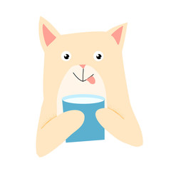Funny cat with glass of milk. Illustration with adorable pet.