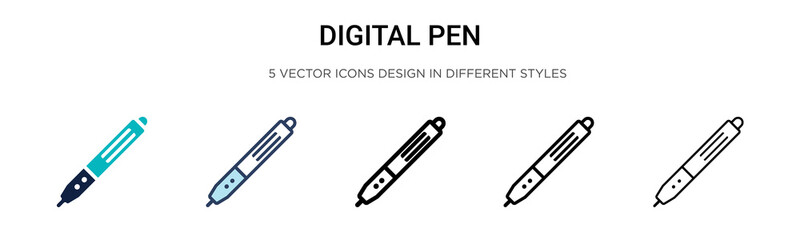 Digital pen icon in filled, thin line, outline and stroke style. Vector illustration of two colored and black digital pen vector icons designs can be used for mobile, ui, web