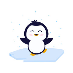Funny, adorable penguin enjoys snow. Cute cartoon childrens illustration.  Vector simple illustration with animal for t-shirt print, poster, postcard.