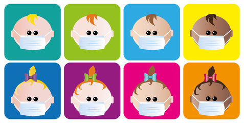 babies toddler kids children with mask coronavirus protection icon set