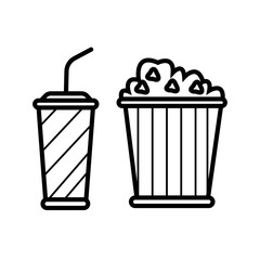 Black Popcorn in cardboard box and paper glass with drinking straw and water icon isolated on white background. Soda drink glass