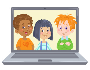 Cute funny kids on laptop screen. Video chat online. Internet communication during quarantine. In cartoon style. Vector illustration