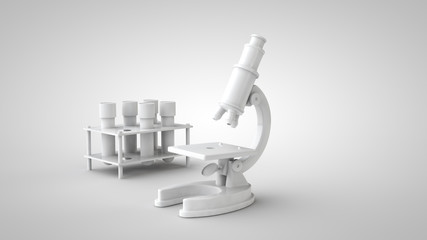 Scientific research. Analysis laboratory research. Monochrome 3d illustration. Microscope and test tubes