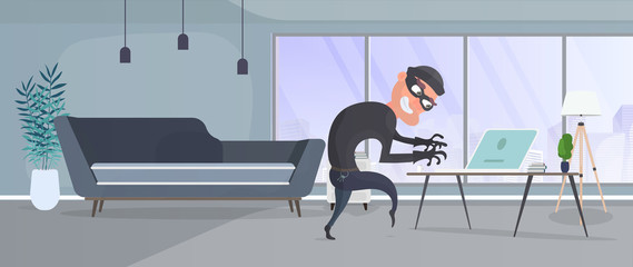 Thief in the house. A robber steals data from a laptop. Security concept. Thief man steals an apartment. Robbery at home. Flat style vector illustration.