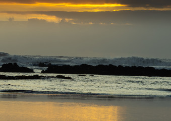 Obraz premium Beautiful beach cloudy sunset in Caminha outskirts, Viana do Castelo district, Portugal