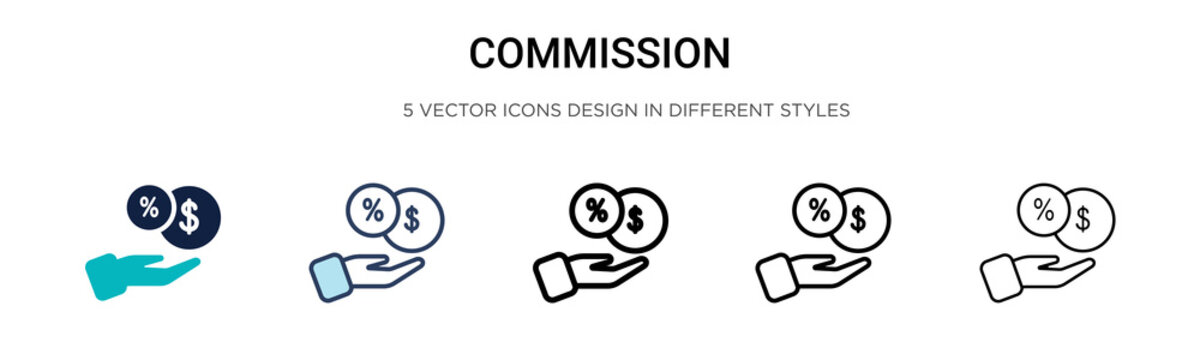 Commission icon in filled, thin line, outline and stroke style. Vector illustration of two colored and black commission vector icons designs can be used for mobile, ui, web