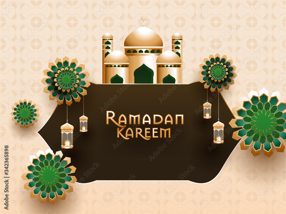 Sticker islamic holy month of ramadan kareem concept with beautiful mosque and floral pattern and hanging il