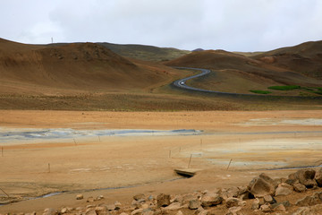 Hverir / Iceland - August 30, 2017: Hverir geothermal and sulfur area near Namafjall mountain, Myvatn Lake area, Iceland, Europe