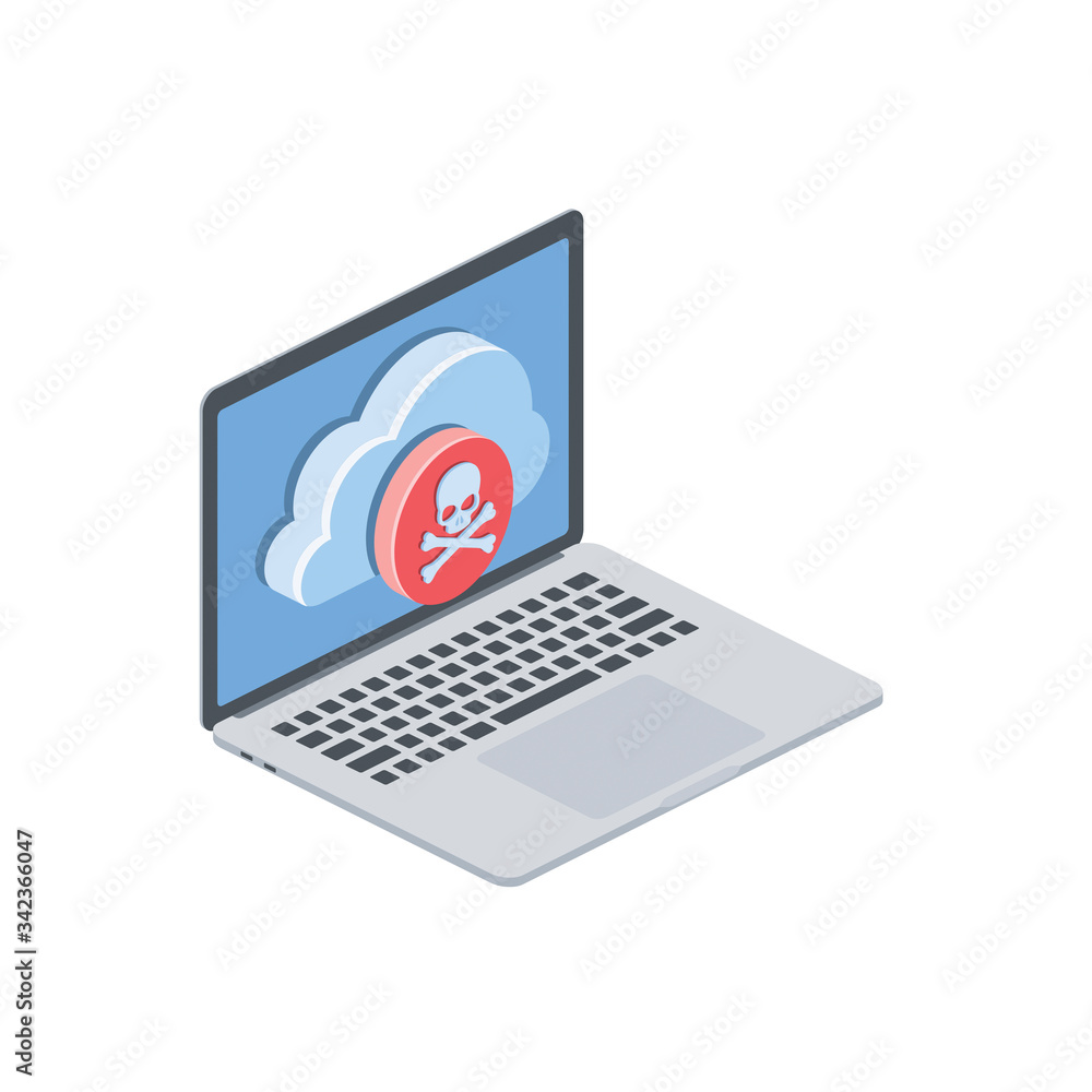 Aufkleber laptop cloud server danger hacker skull bone. vector 3d isometric, color web icon, new flat style. c