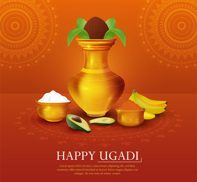 Illustrated new year, Ugadi theme with fresh produce and Indian mandalas on bright background . Vector illustration