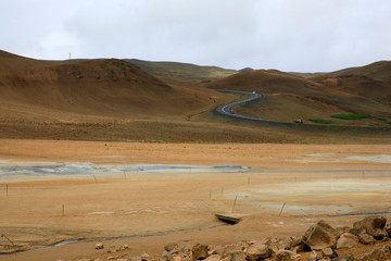 Hverir / Iceland - August 30, 2017: Hverir geothermal and sulfur area near Namafjall mountain, Myvatn Lake area, Iceland, Europe