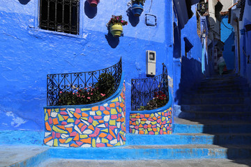 Chefchaouen, Morocco - 02.24.2019: View from the city street where all buildings are painted only in blue.