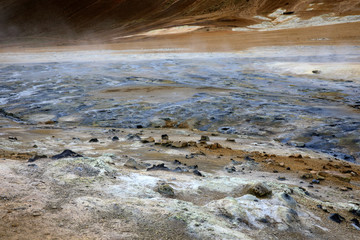 Hverir / Iceland - August 30, 2017: Hverir geothermal and sulfur area near Namafjall mountain, Myvatn Lake area, Iceland, Europe
