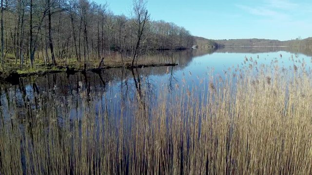 Slow aerial drone shot, flying from a grassy shore towards a tree-clad and marshy shore. Trees and grass are reflected in the surface of a still lake at N&auml;&auml;s Fabriker, Tollered, Sweden.