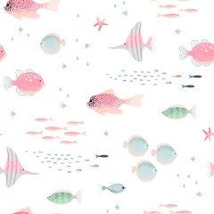 Cute fish and starfish with texture, seamless animal pattern. Vector abstract illustration pink, turquoise and green colors on white background. © Nikole