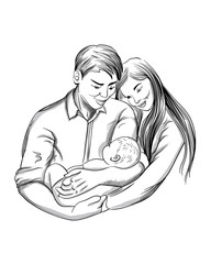 Beautiful happy family moments. Father and mother peacefully watching their baby sleeping