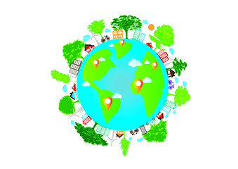 Green earth with save world concept. Eco friendly village illustration  