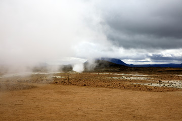 Hverir / Iceland - August 30, 2017: Hverir geothermal and sulfur area near Namafjall mountain, Myvatn Lake area, Iceland, Europe