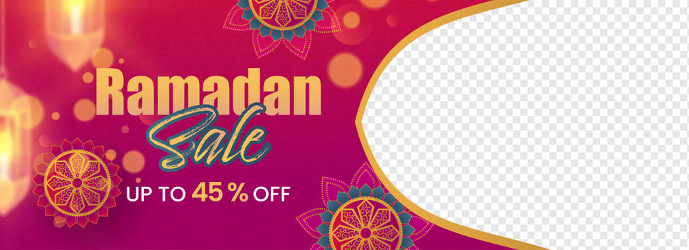 Ramadan Sale Banner Design with Stylish Text, Hanging Lanterns and Picture Space.