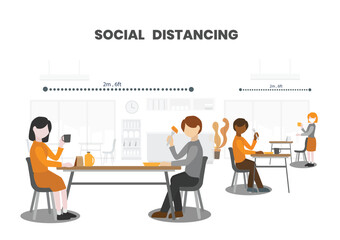 People having foods with suitable seating arrangements in Canteen, keep distance away and stay 6 feet (2 meters) from other to limit the spread of corona virus disease, practice social distancing .