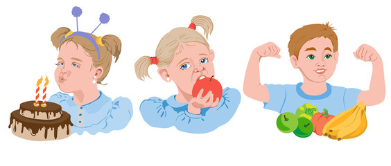 Set of cartoon kids eating fruits, vegetables and cake