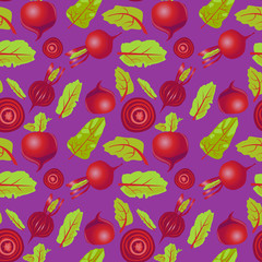 Cute seamless pattern with cartoon emoji beetroot on violet background