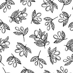 Seamless pattern of olive branches on an isolated white background. Vector illustration in the Doodle style.