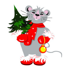 vector illustration with mouse with christmas tree and christmas ball