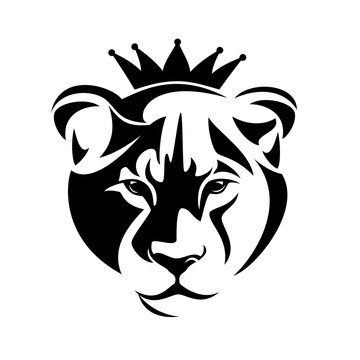 lioness head looking forward wearing royal crown black and white vector portrait