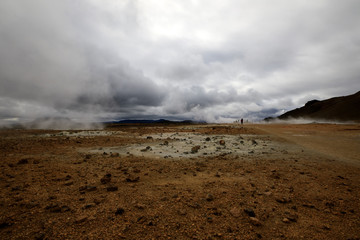 Hverir / Iceland - August 30, 2017: Hverir geothermal and sulfur area near Namafjall mountain, Myvatn Lake area, Iceland, Europe