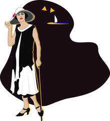 retro illustration.vector.woman with a cane in a hat