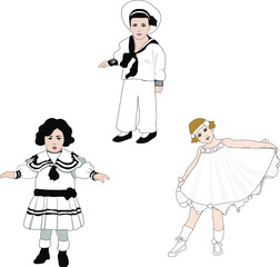 vector set of three figures: a boy in a sailor suit, a dancing girl, a little girl
