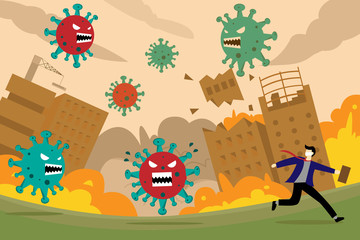 Businessman run away from COVID-19 virus pathogen disease outbreak, risk or danger in Virus crisis concept.