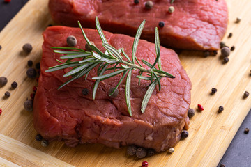 fresh raw sliced beef meat steak on a wooden board