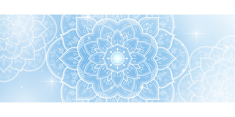 Circular Flower Mandala with soft blue sky background, Vector mandala Oriental pattern, Hand drawn decorative element. Unique design with petal flower. Concept relax and meditation use for page logo 