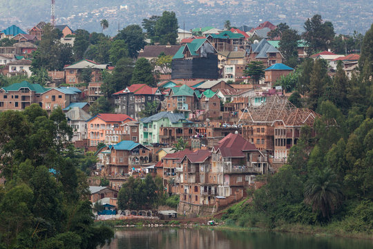 view of the bukavu city colorful roofs harbor over kiva lake