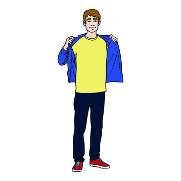 A Young Cool Man Holds Up His Shirt And Shows His T-shirt. Place To Place A Logo. Whole Body, Comic, Illustration.