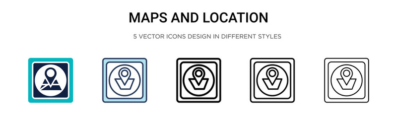 Maps and location icon in filled, thin line, outline and stroke style. Vector illustration of two colored and black maps and location vector icons designs can be used for mobile, ui, web